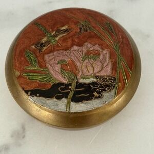 Brass Floral Round Trinket Box With Hand-Painted Floral Design